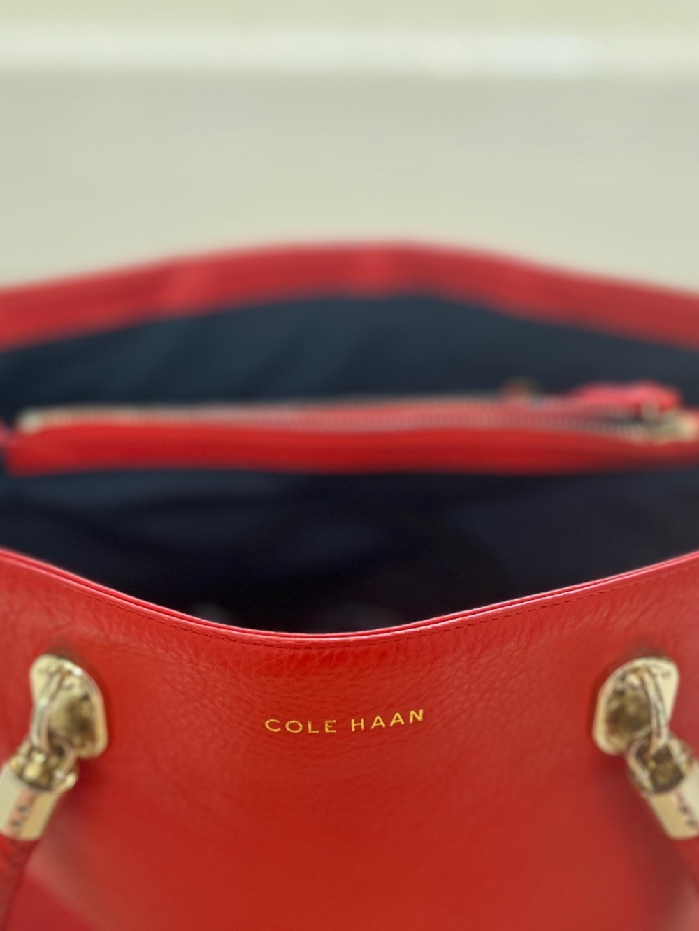 Cole Haan Red Pebbled Leather Tote Bag Gold Hardware Braided Handles - Picture 6 of 8